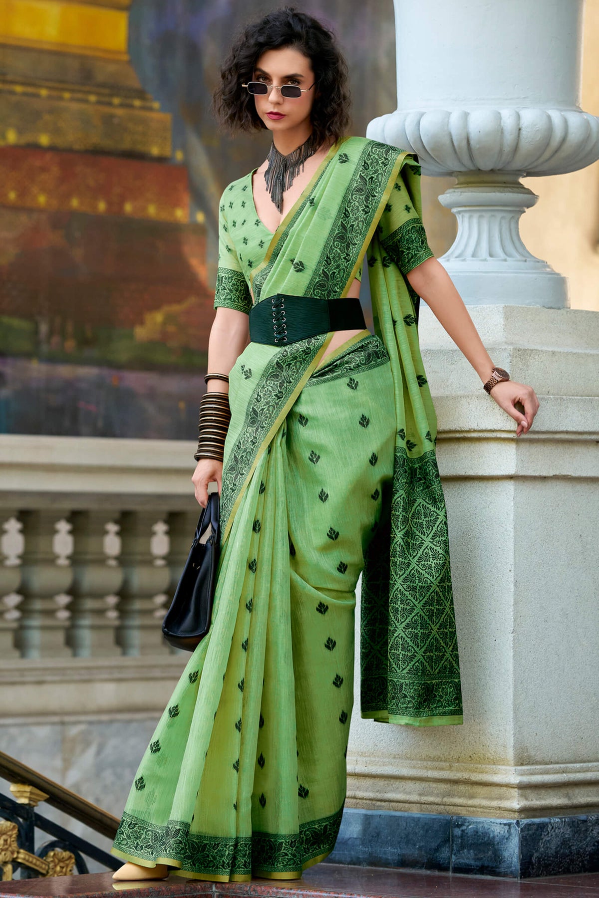 Iguana Green Linen Tissue Silk Saree