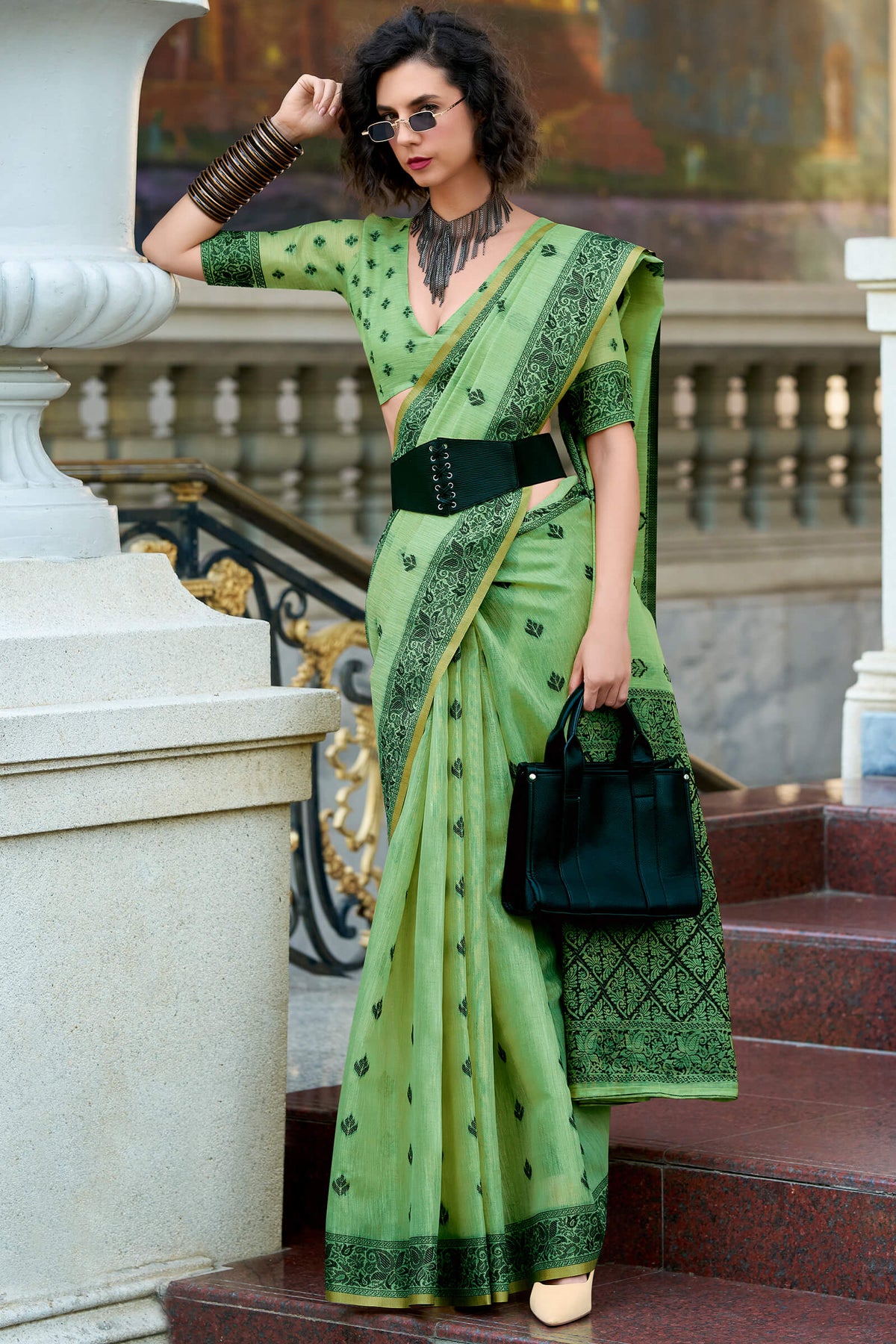 Iguana Green Linen Tissue Silk Saree