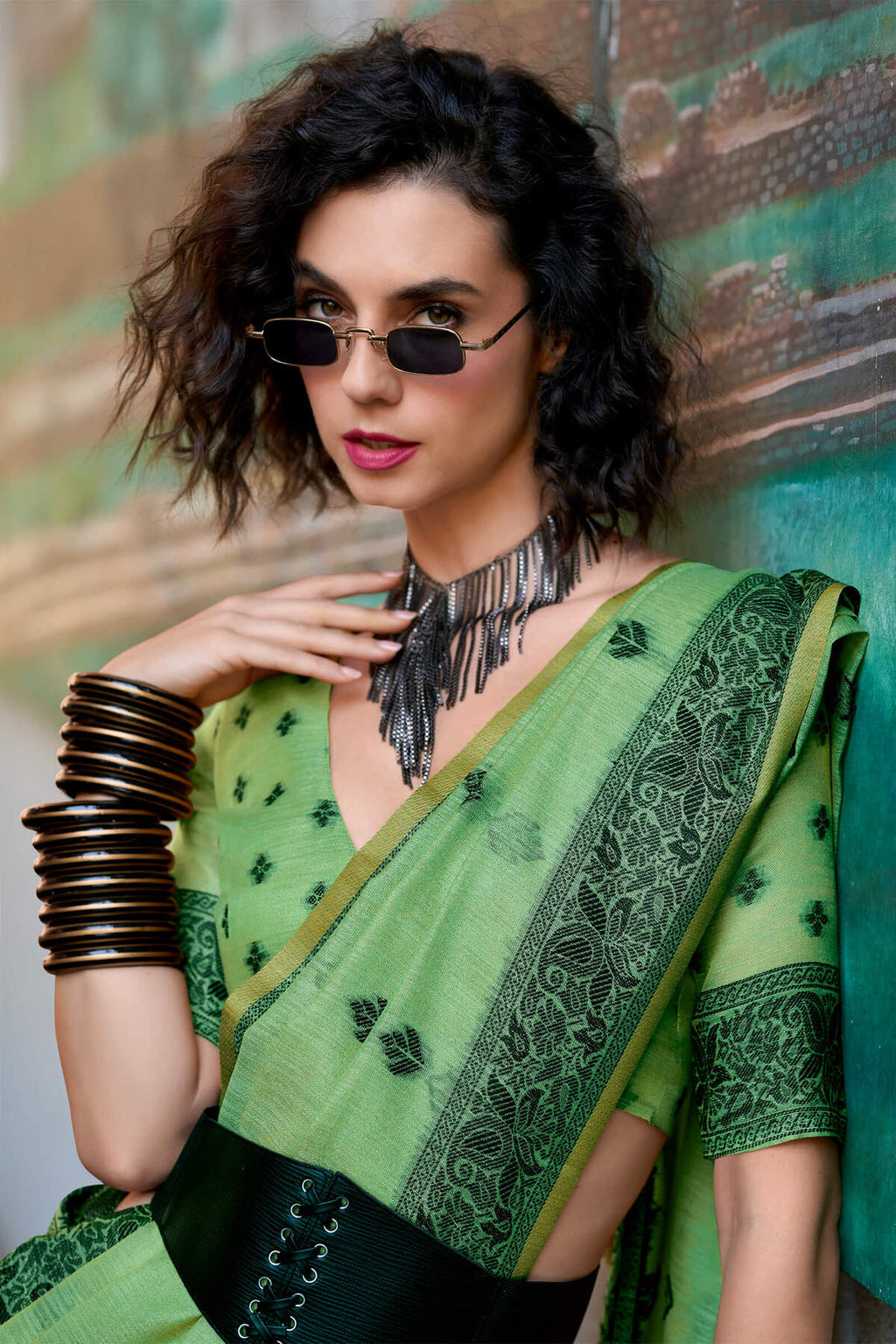Iguana Green Linen Tissue Silk Saree