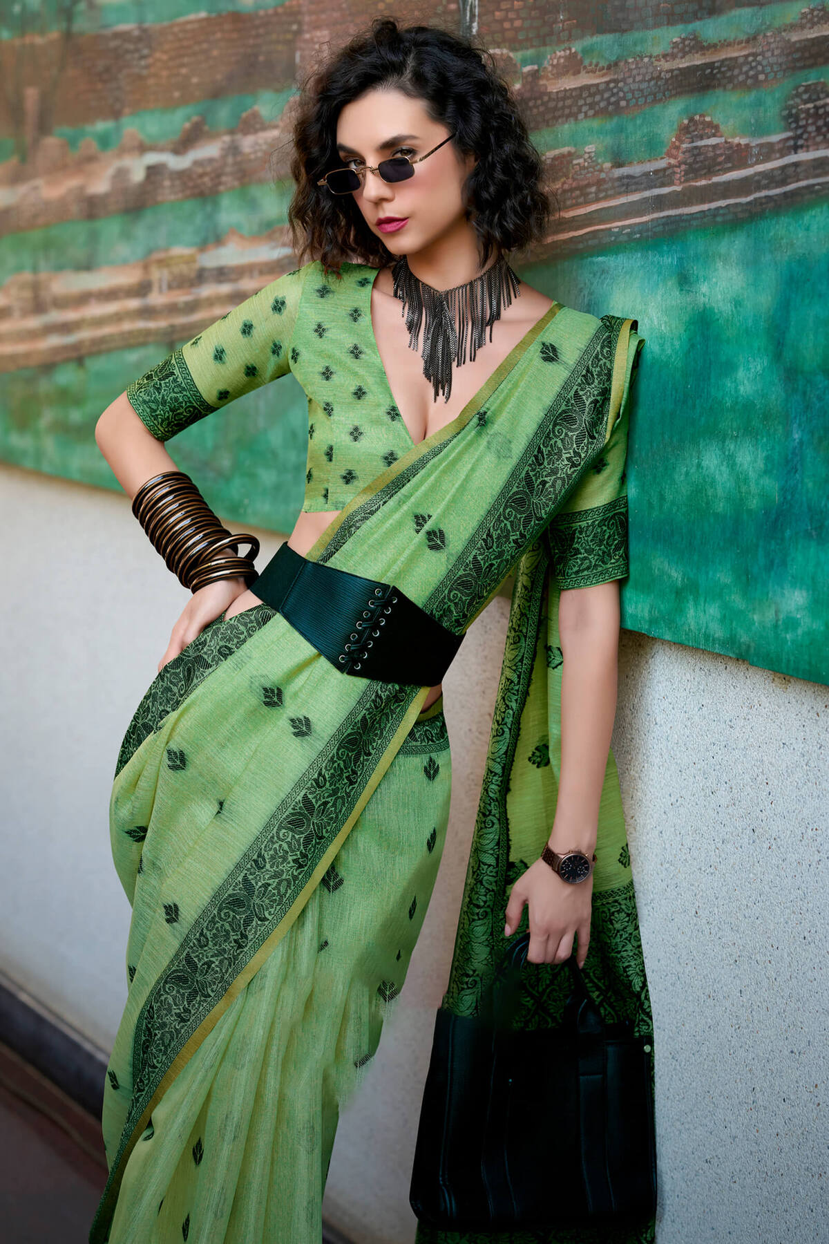 Iguana Green Linen Tissue Silk Saree