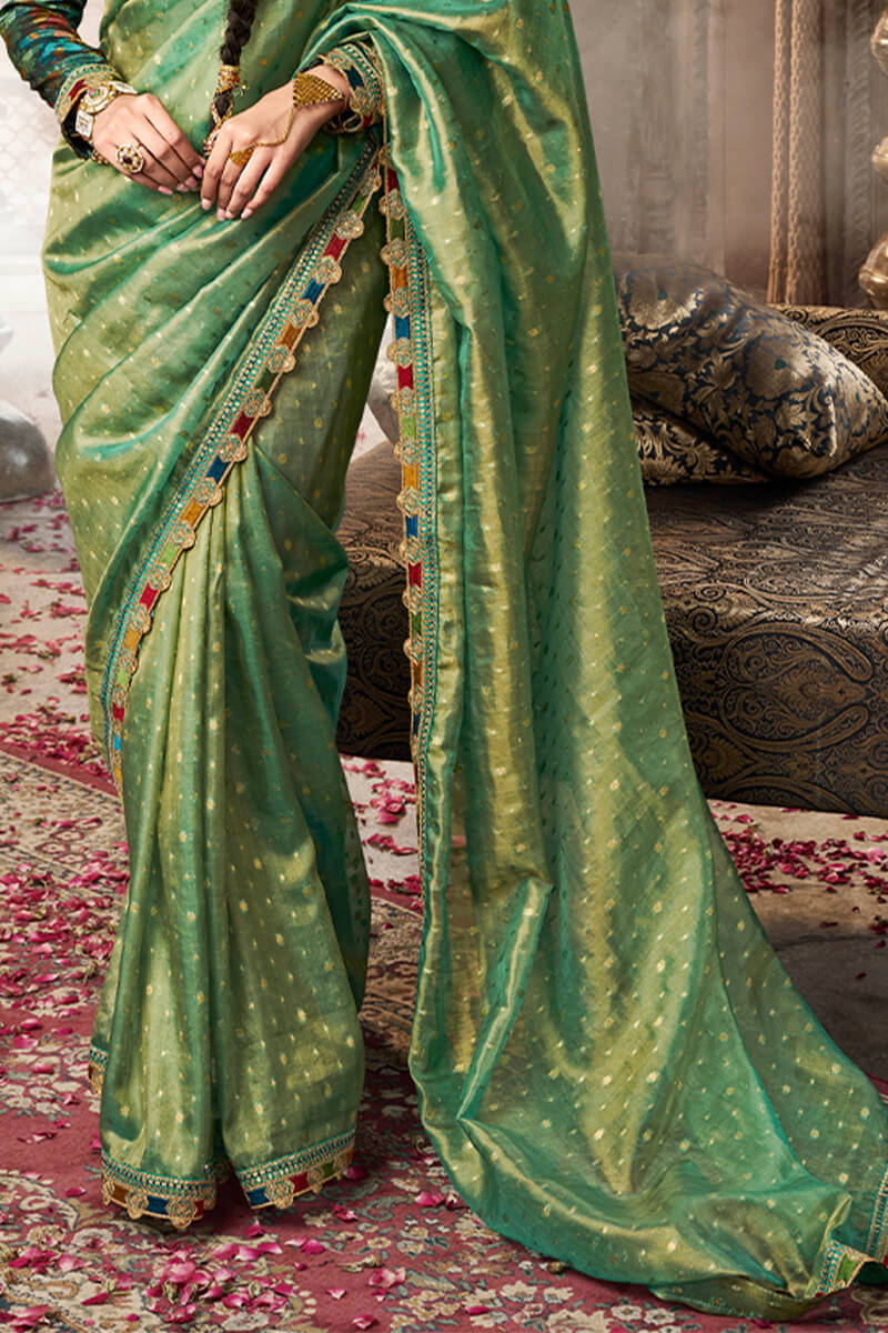 Iguana Green Pure Tissue Silk Saree with Multicolor Lace Border