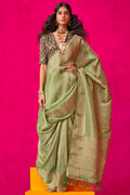 Iguana Green Tissue Silk Saree With Embroidery Blouse Piece