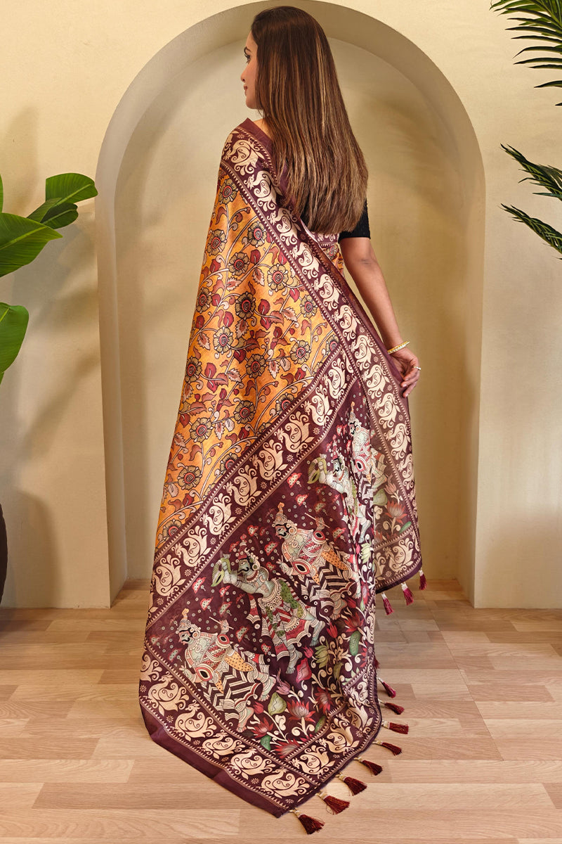 Indian Yellow Kalamkari Printed Chanderi Cotton Saree