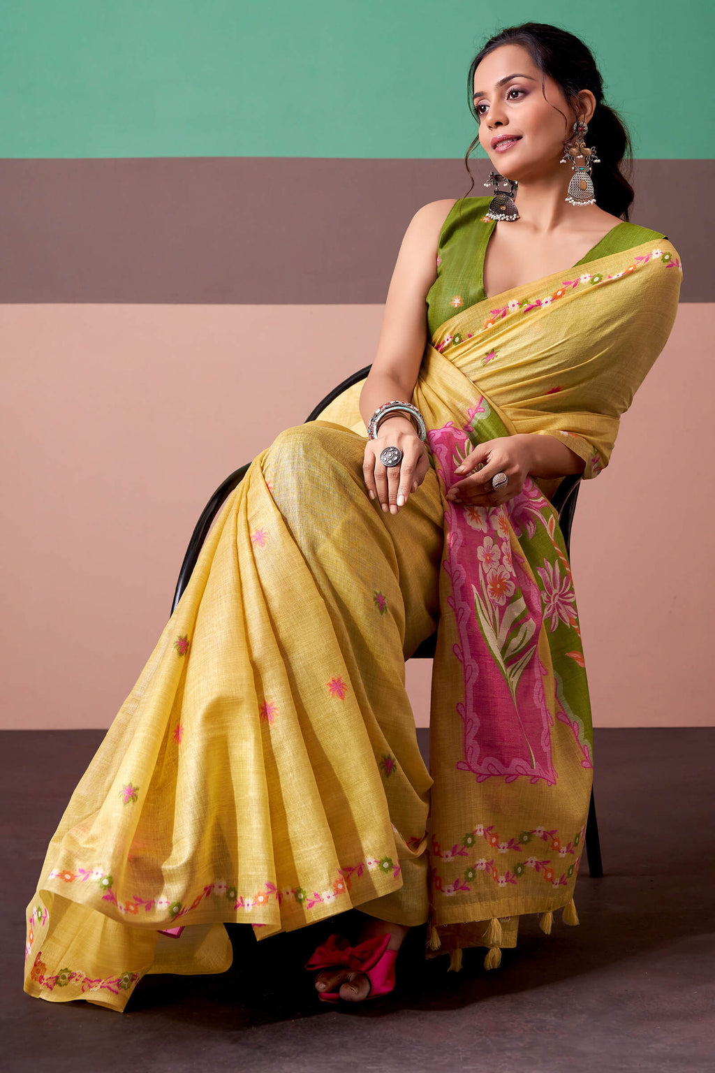 Indian Yellow Munga Cotton Silk Saree
