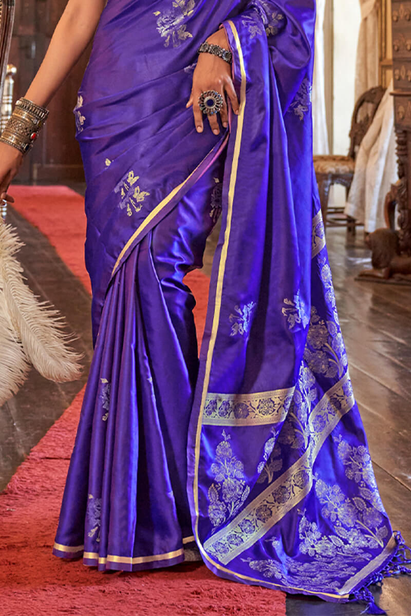 Iris Blue Zari Woven Banarasi Satin Silk Saree