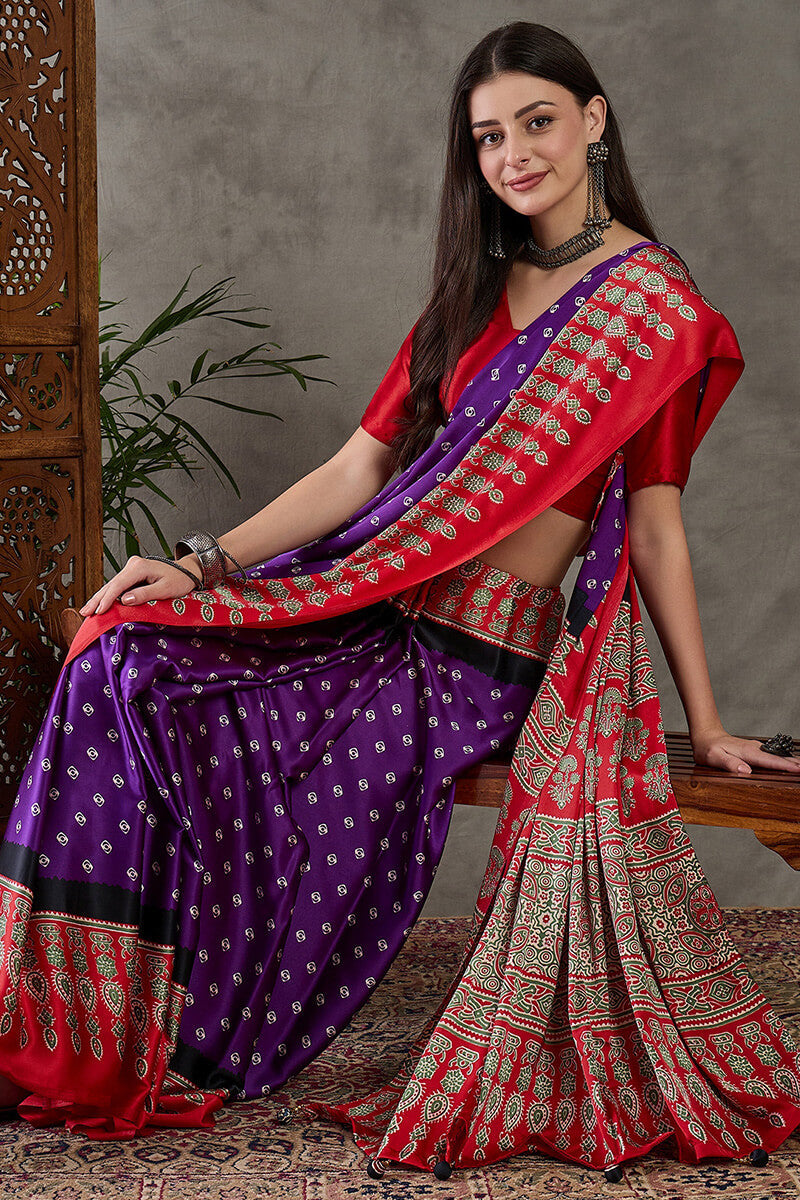 Iris Purple Ajrakh Printed Satin Silk Saree