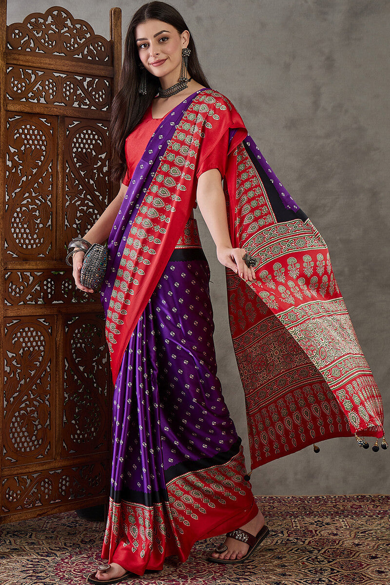 Iris Purple Ajrakh Printed Satin Silk Saree