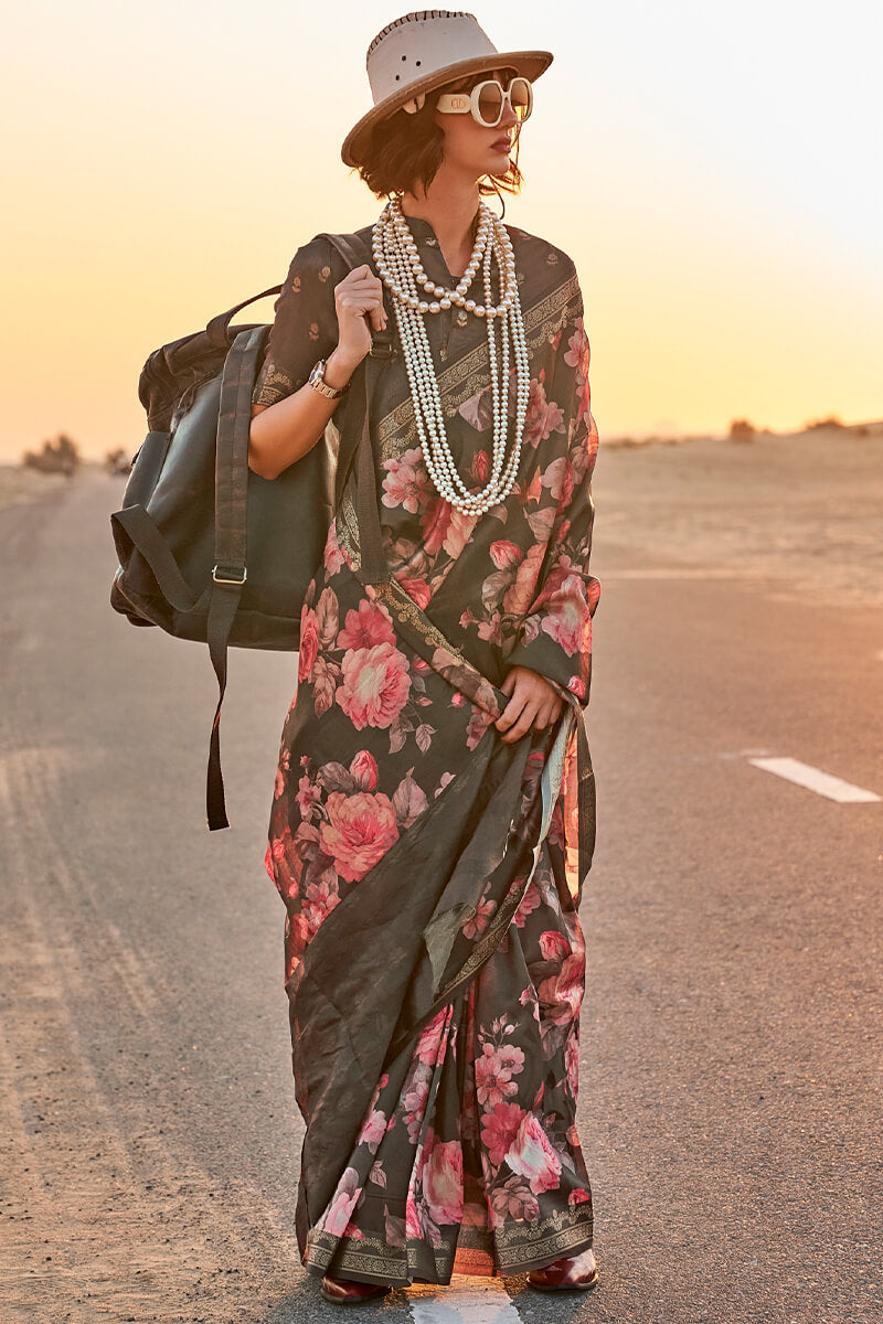 Irish Black Printed Tussar Silk Saree