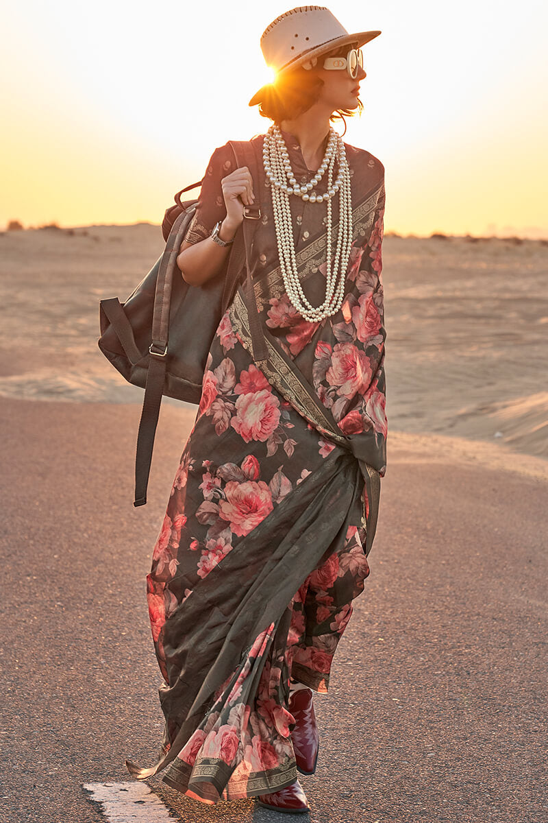Irish Black Printed Tussar Silk Saree