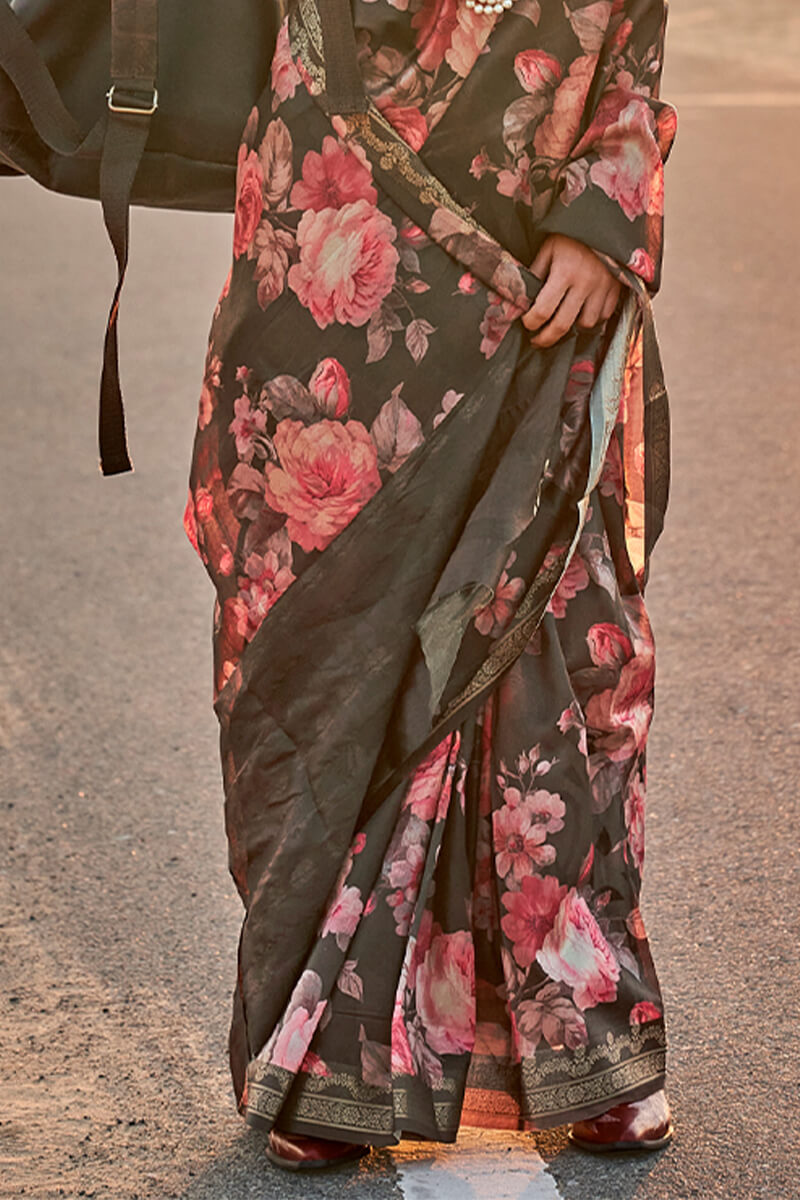 Irish Black Printed Tussar Silk Saree
