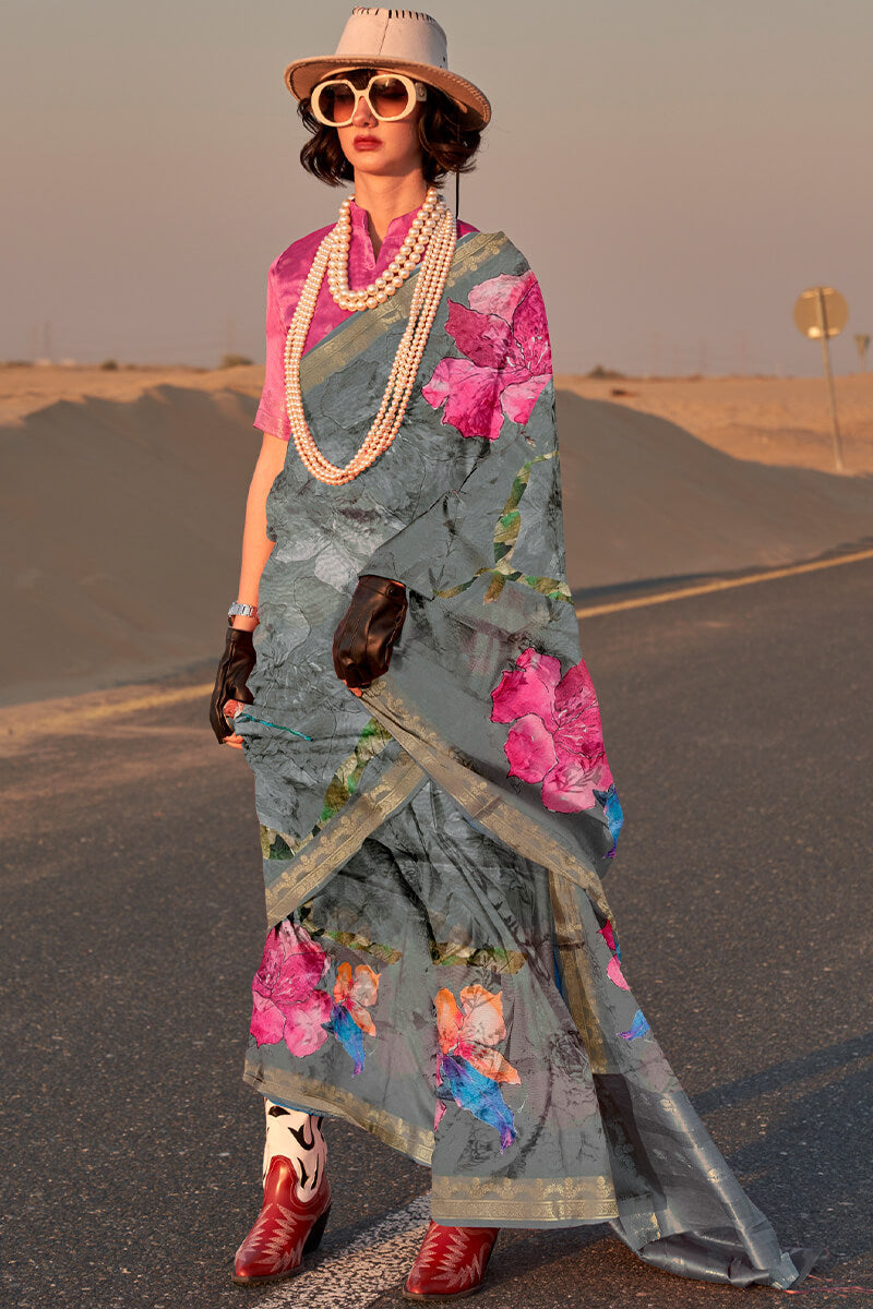 Ironside Grey Printed Tussar Silk Saree