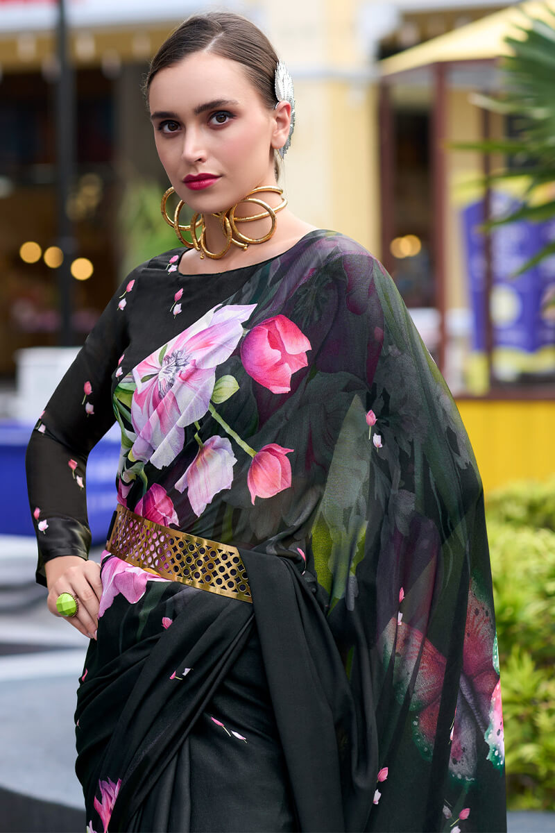 Jaguar Black Printed Georgette Silk Saree