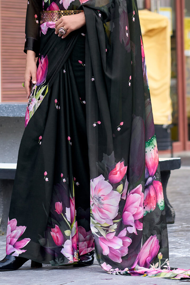 Jaguar Black Printed Georgette Silk Saree