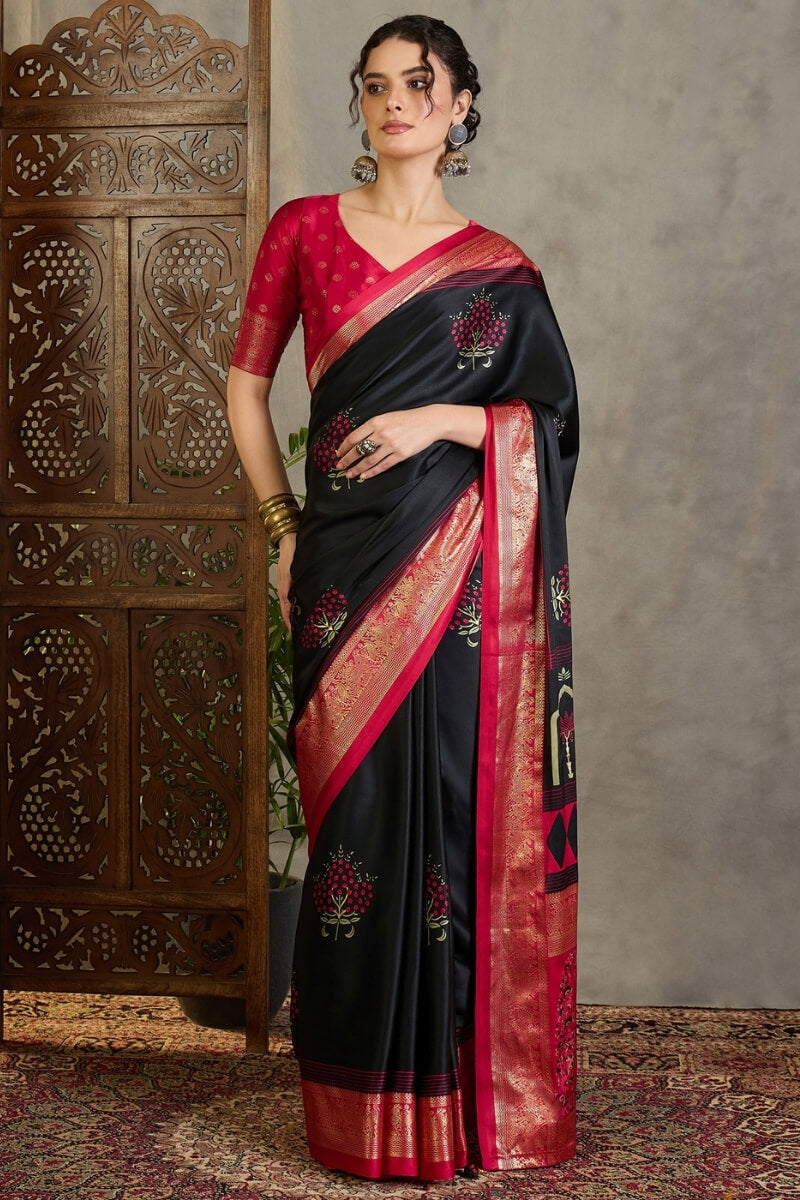 Jaguar Black Printed Satin Silk Saree with Zari woven Border and Pallu
