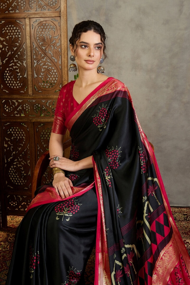 Jaguar Black Printed Satin Silk Saree with Zari woven Border and Pallu