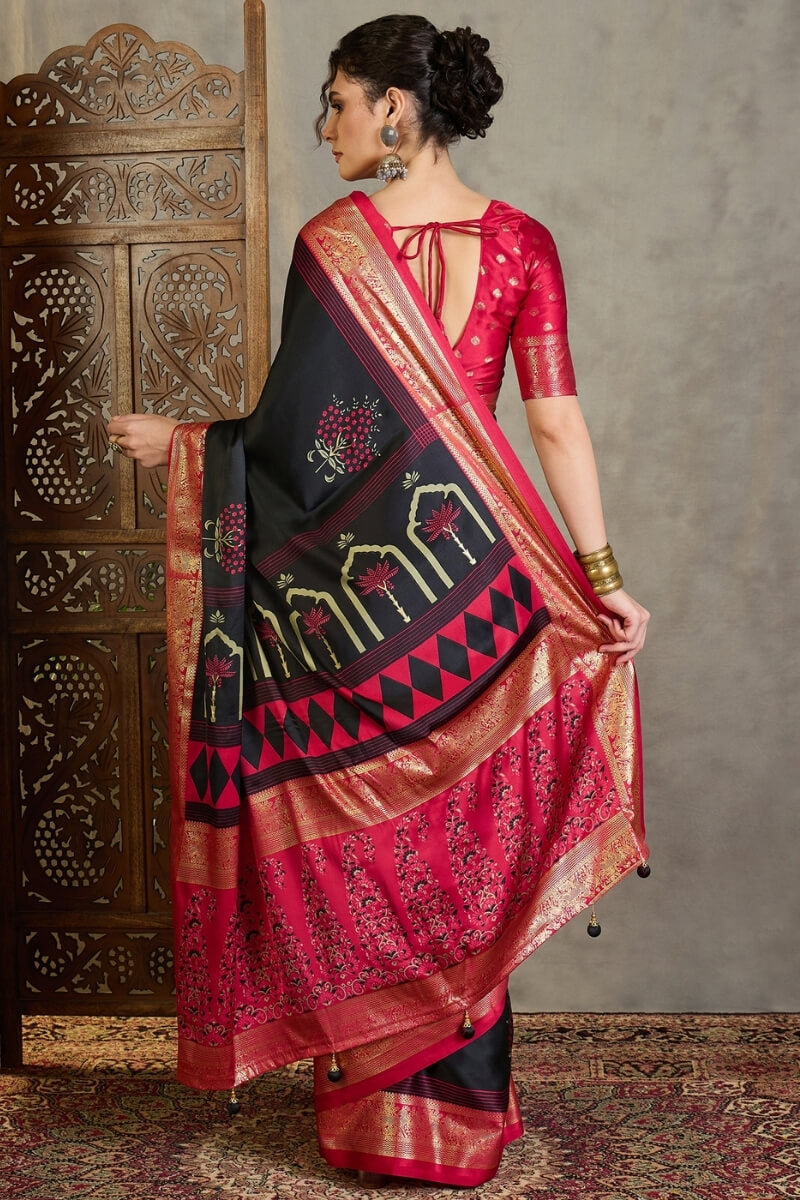 Jaguar Black Printed Satin Silk Saree with Zari woven Border and Pallu