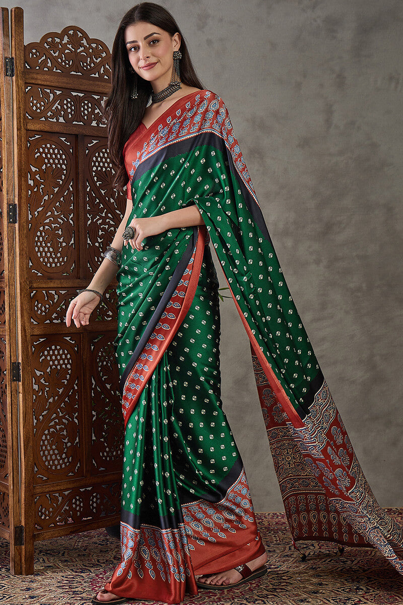 Kaitoke Green Ajrakh Printed Satin Silk Saree