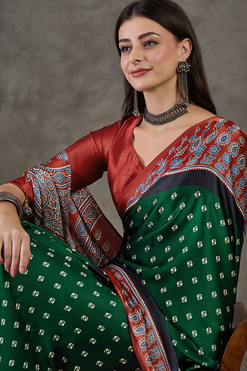 Kaitoke Green Ajrakh Printed Satin Silk Saree