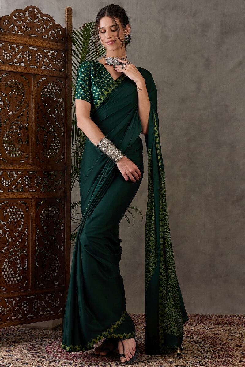 Kaitoke Green Printed Satin Silk Saree