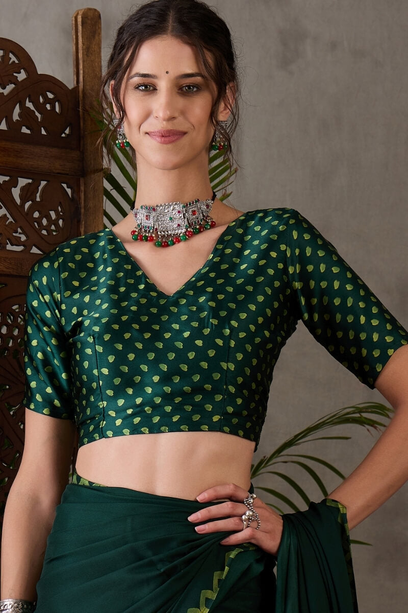 Kaitoke Green Printed Satin Silk Saree