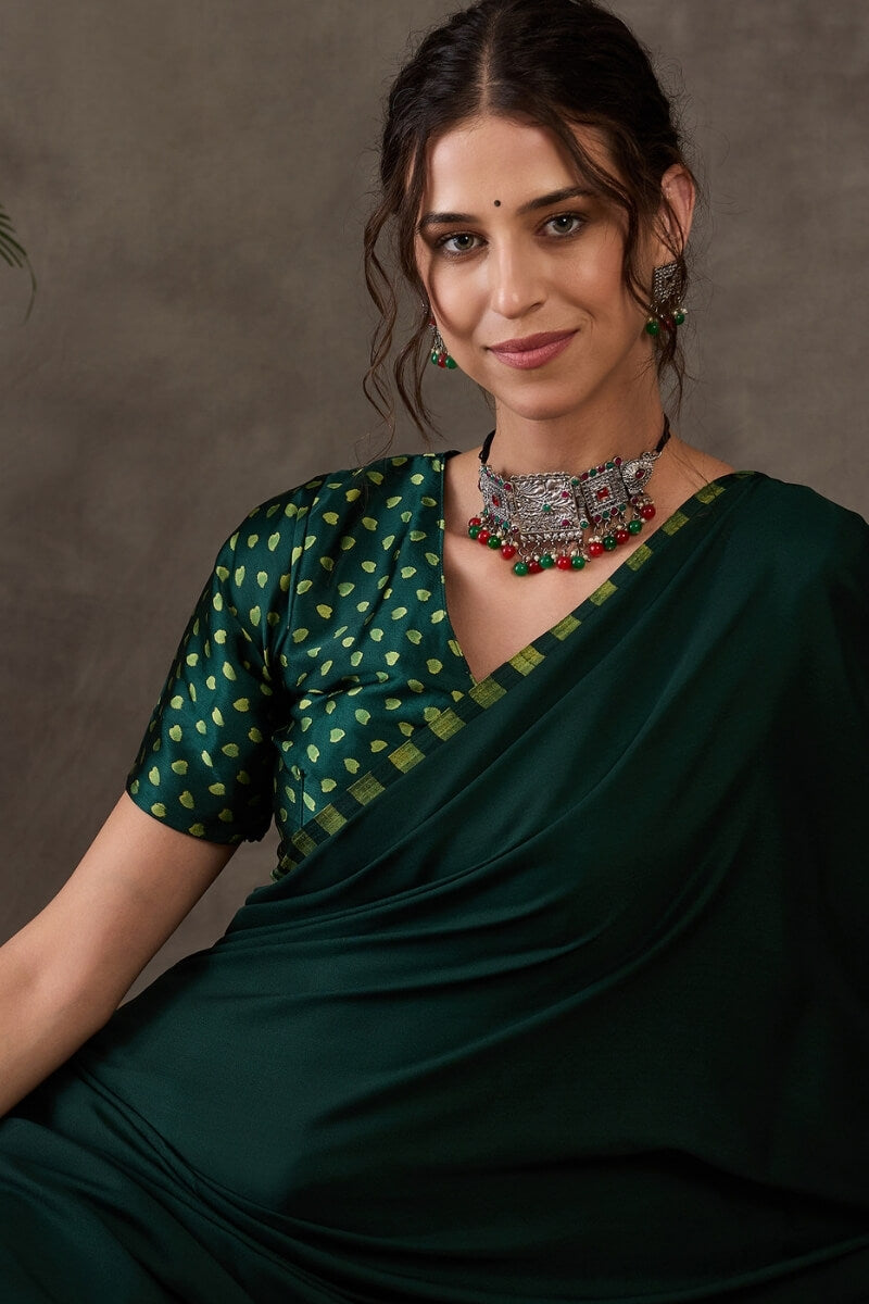 Kaitoke Green Printed Satin Silk Saree