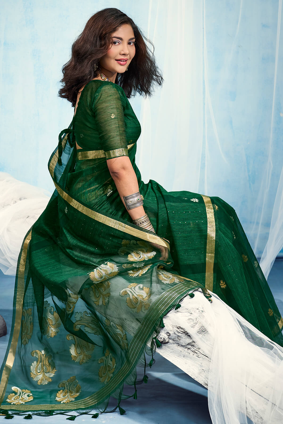 Kaitoke Green Zari Woven Pure Munga Cotton saree