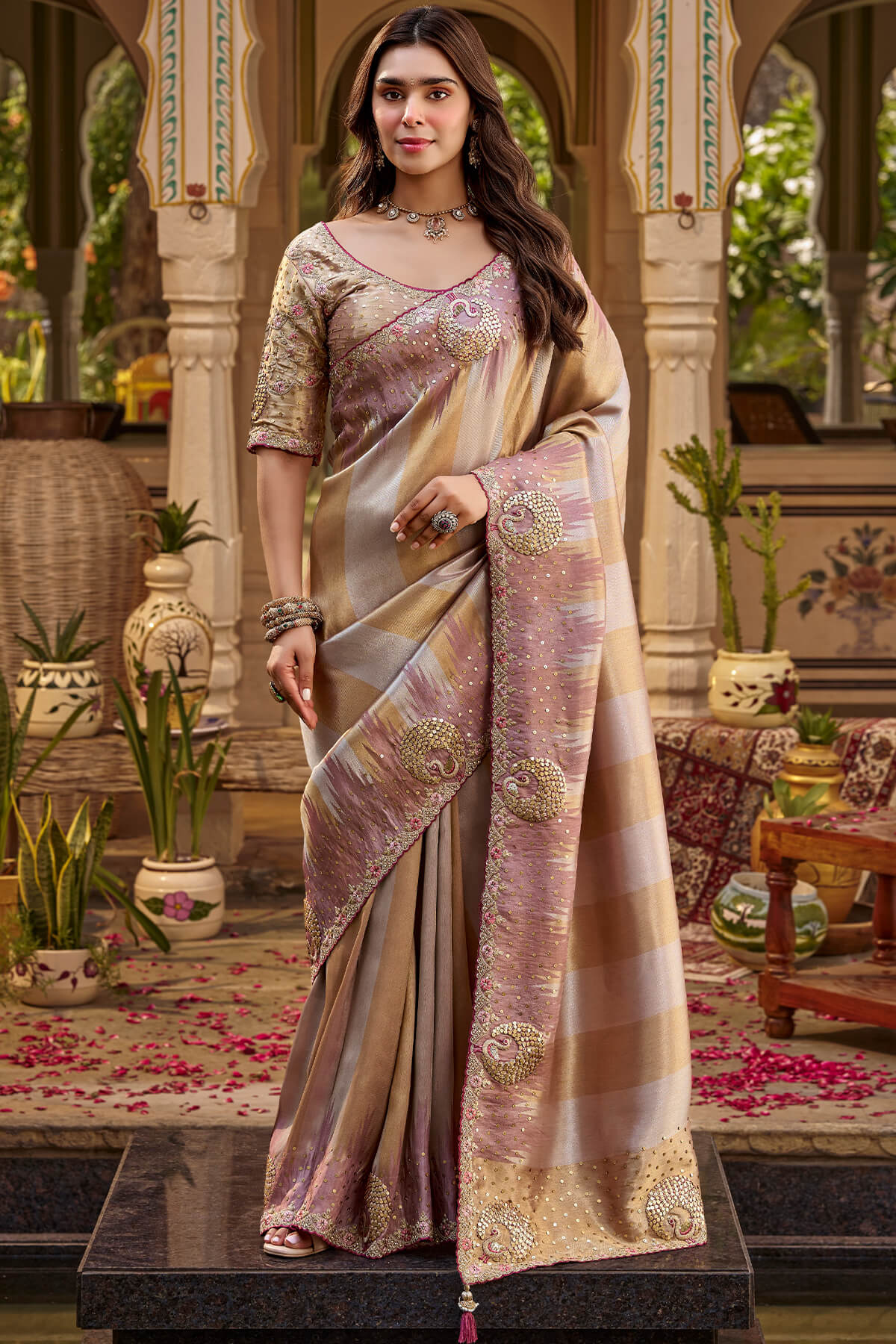 Languid Lavender Hand Work Viscose Saree with Stiched Blouse