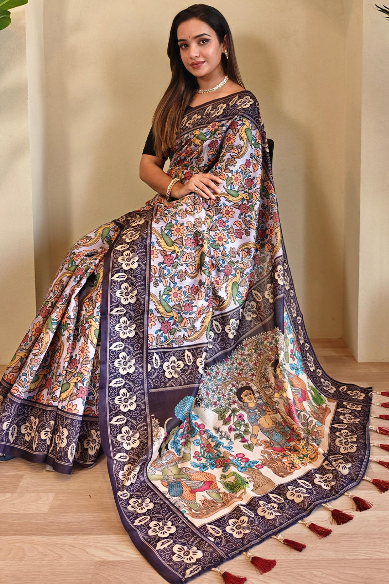 Languid Lavender Kalamkari Printed Chanderi Cotton Saree