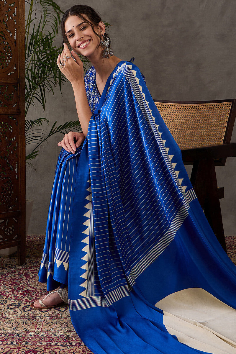 Lapis Blue Ajrakh Printed Satin Silk Saree