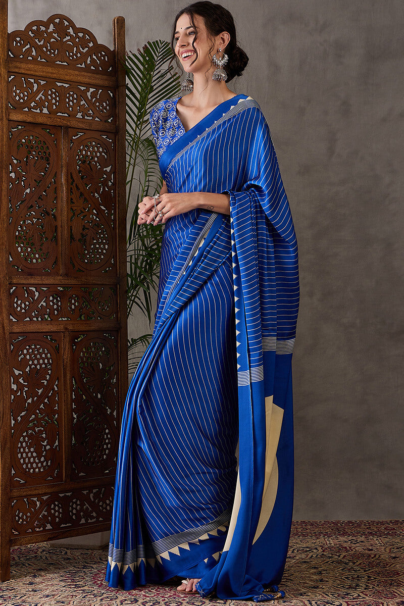 Lapis Blue Ajrakh Printed Satin Silk Saree