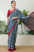 Lapis Blue Printed Satin Silk Saree