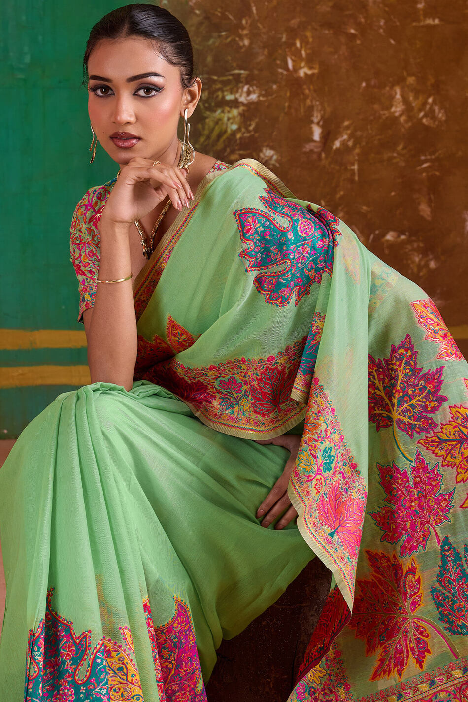 Lichen Green Kashmiri Modal Pashmina Silk Saree