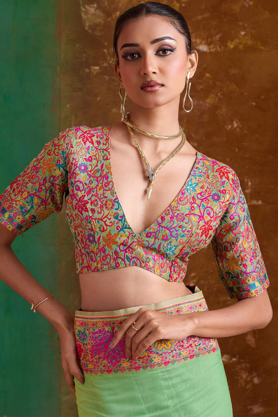 Lichen Green Kashmiri Modal Pashmina Silk Saree
