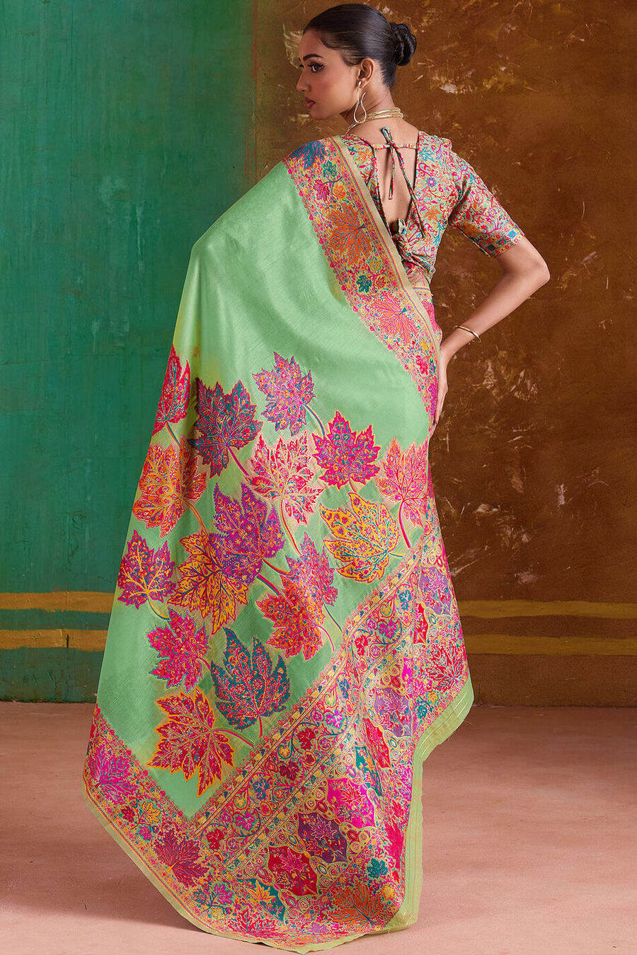 Lichen Green Kashmiri Modal Pashmina Silk Saree