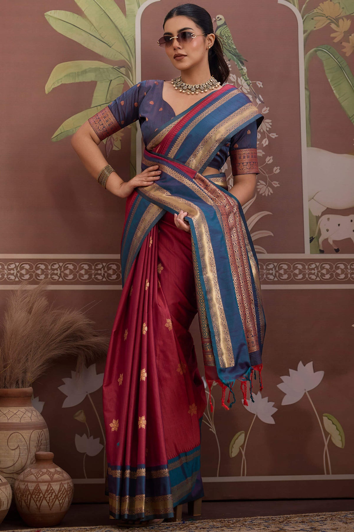 Light Maroon Banarasi Tussar Silk Saree