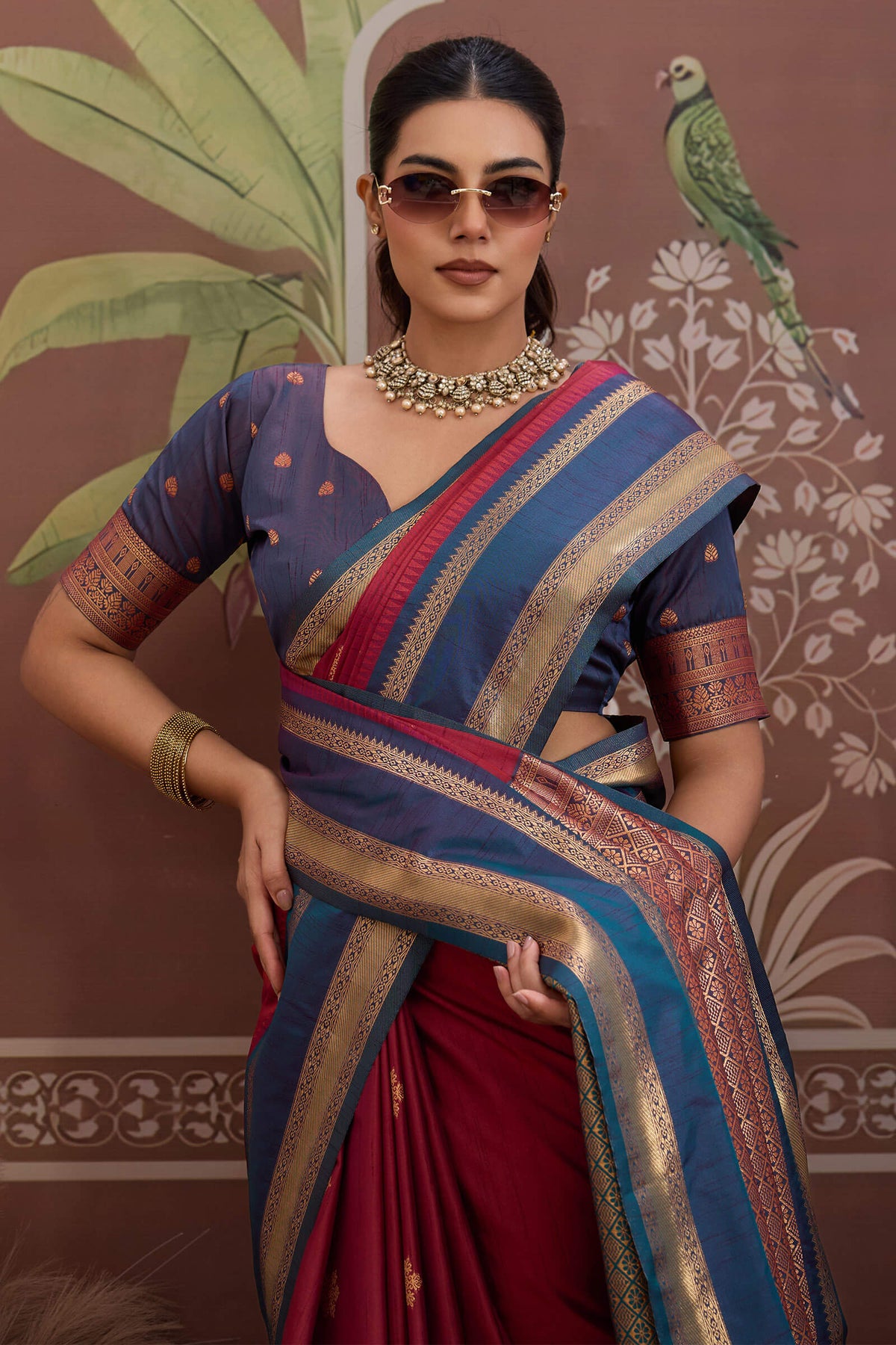 Light Maroon Banarasi Tussar Silk Saree