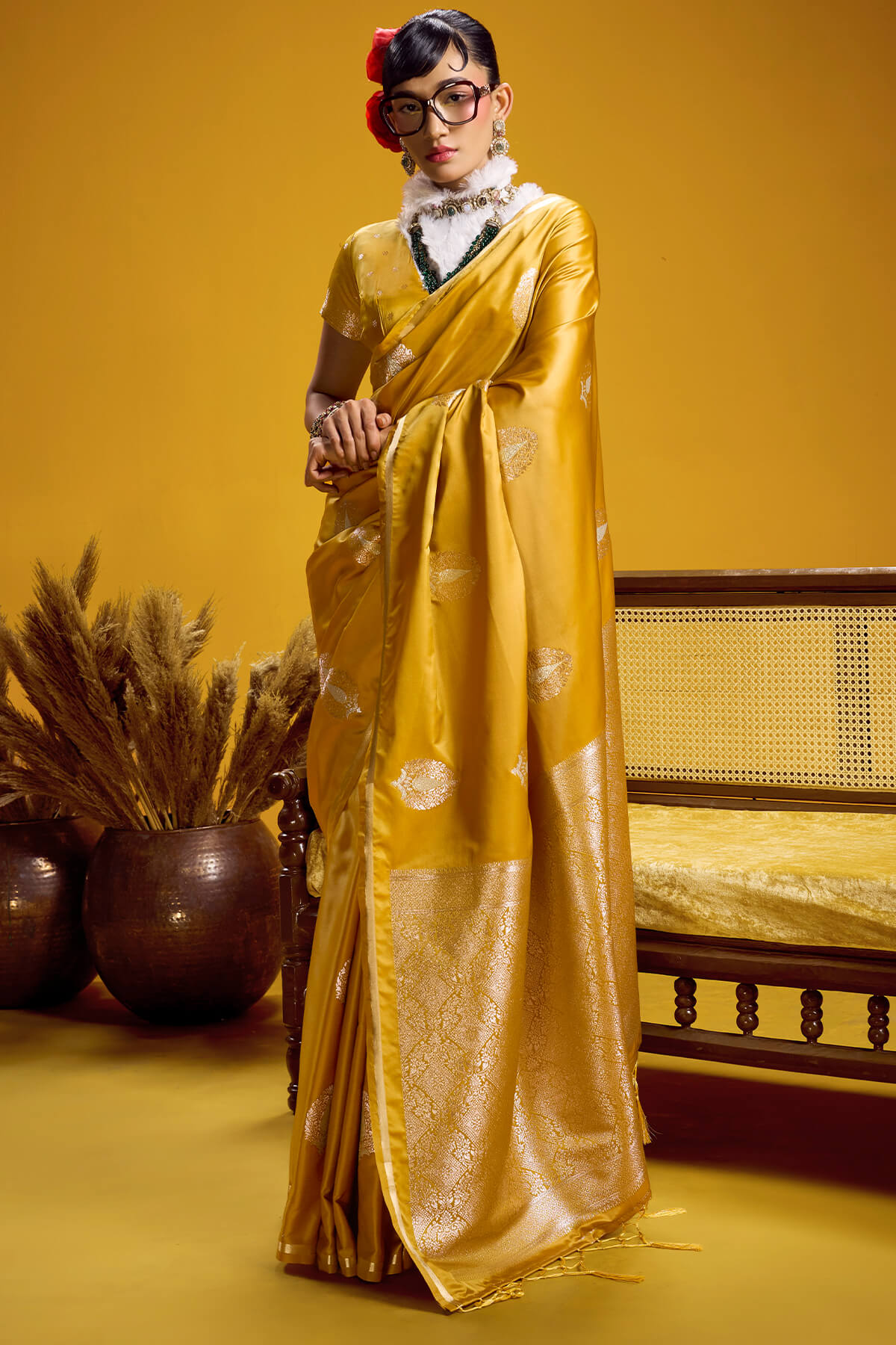 Light Mustard Zari Woven Banarasi Satin silk saree