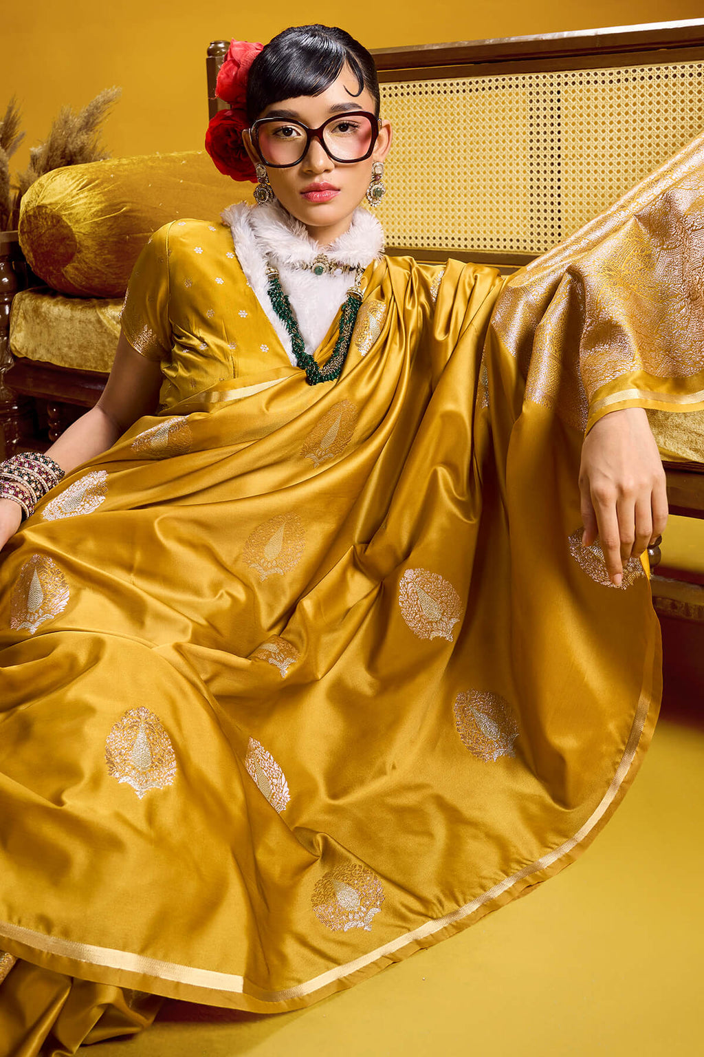 Light Mustard Zari Woven Banarasi Satin silk saree