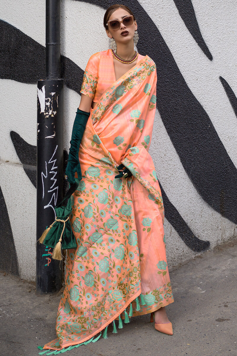 Light Orange Parsi Woven Banarasi Silk Saree
