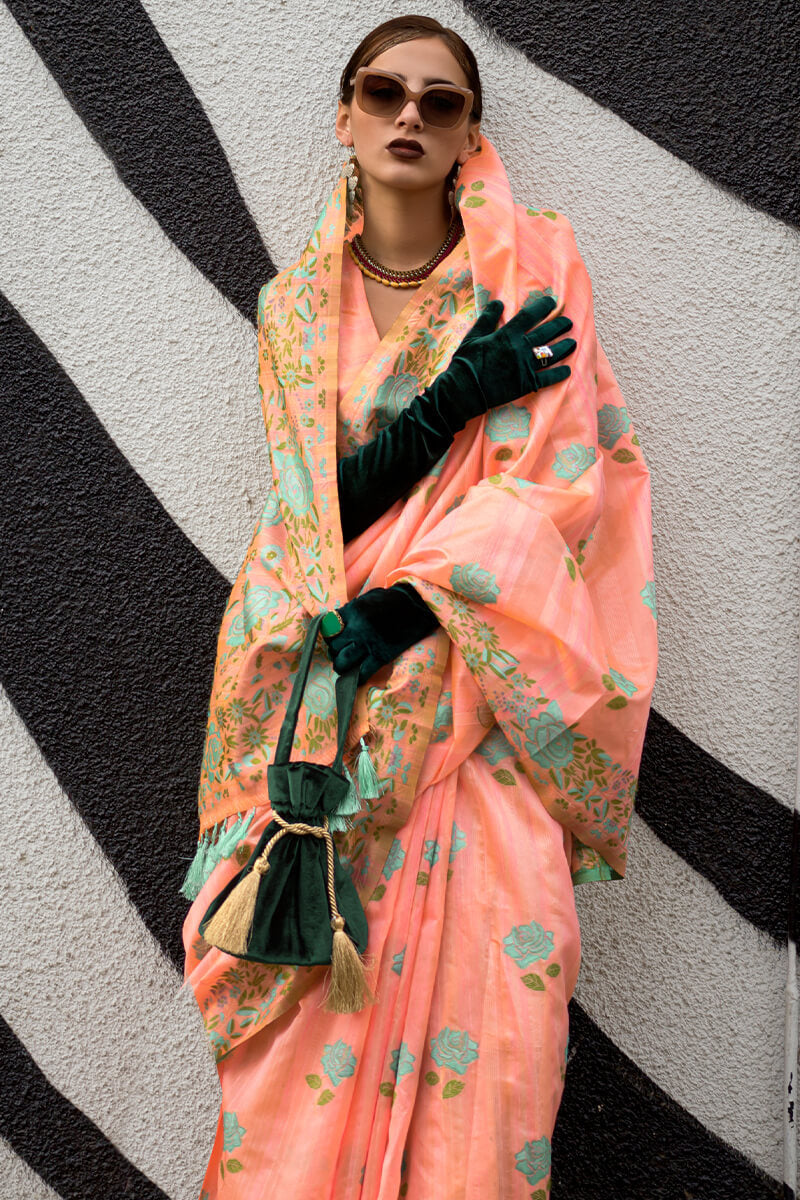 Light Orange Parsi Woven Banarasi Silk Saree