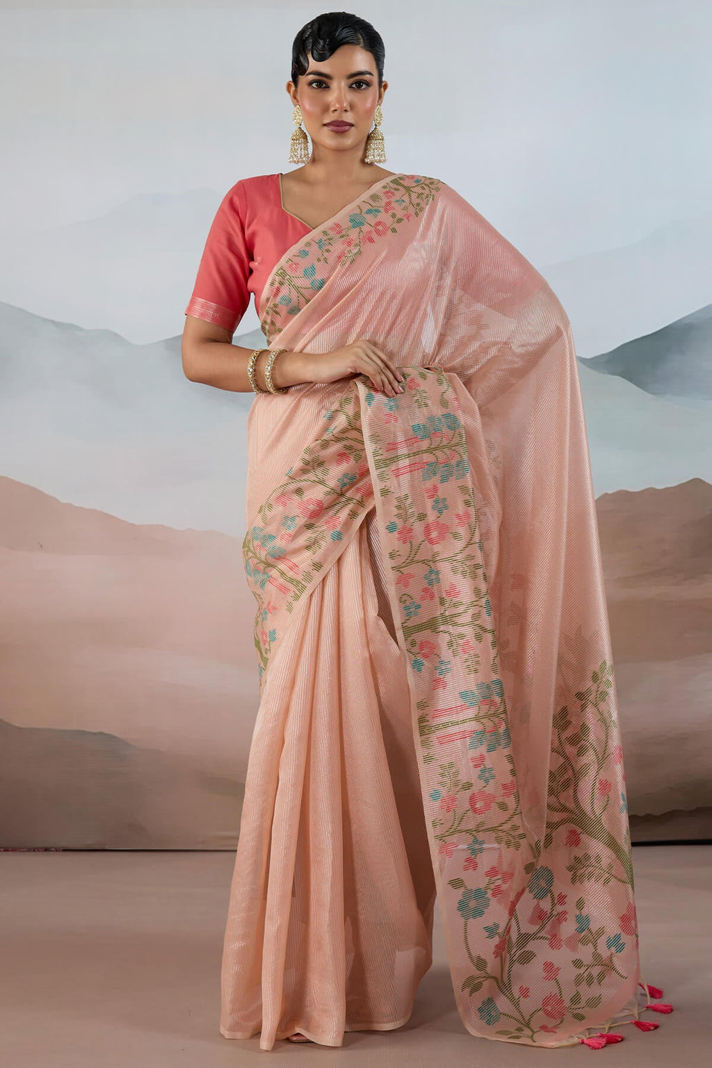 Light Peach Pure Tissue Silk Saree