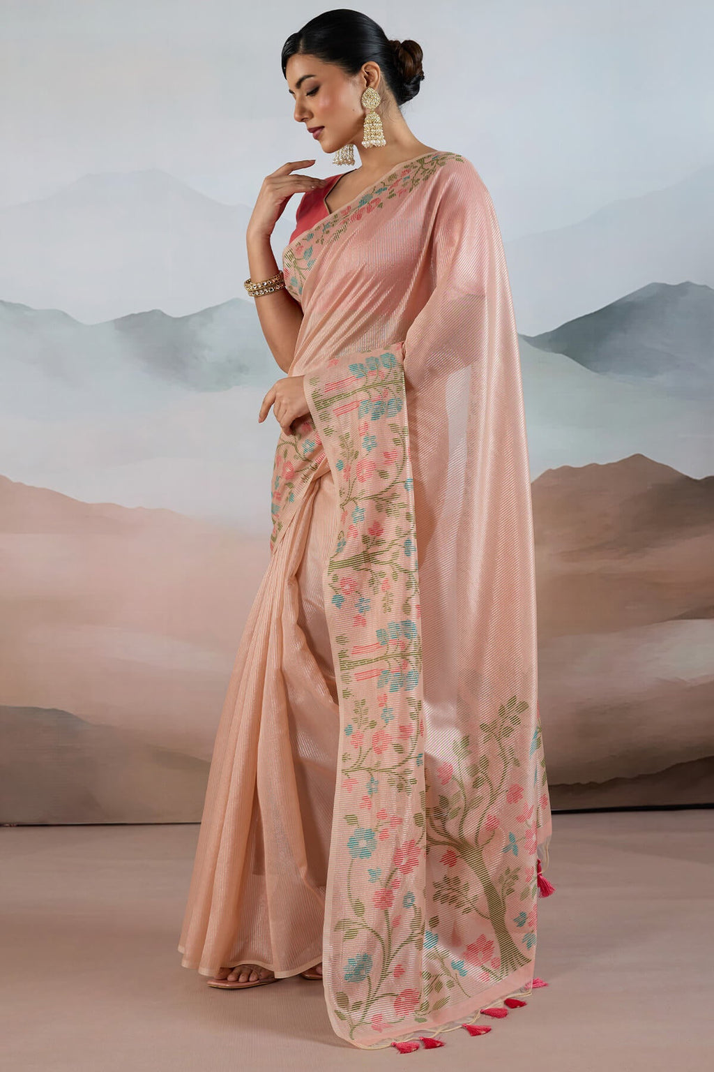 Light Peach Pure Tissue Silk Saree