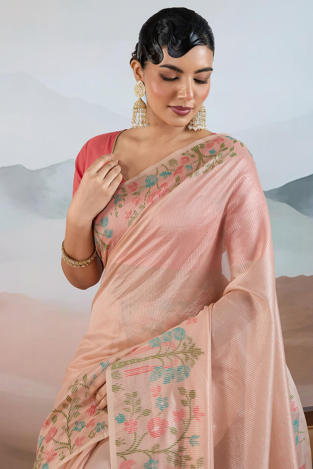 Light Peach Pure Tissue Silk Saree
