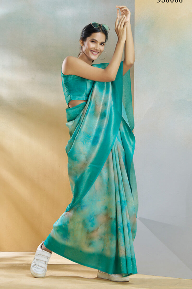 Light Sea Green Digital Printed Khadi Silk Saree