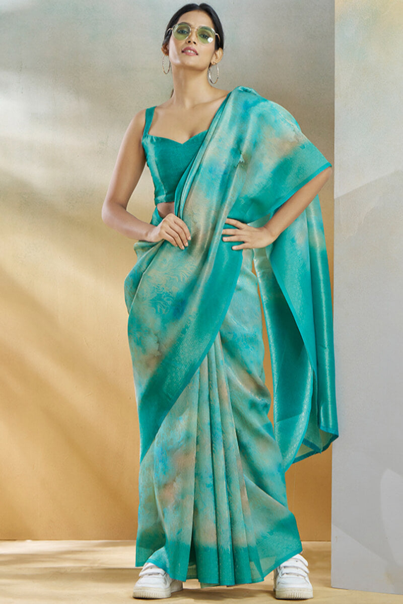 Light Sea Green Digital Printed Khadi Silk Saree