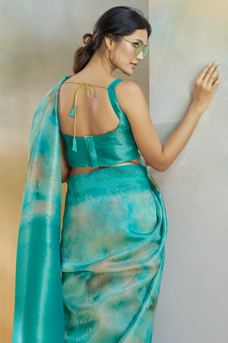Light Sea Green Digital Printed Khadi Silk Saree