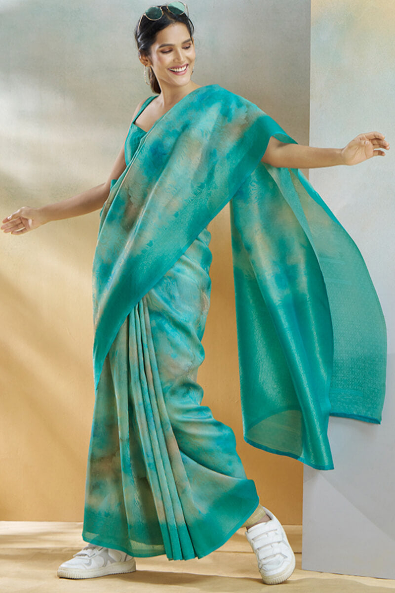 Light Sea Green Digital Printed Khadi Silk Saree