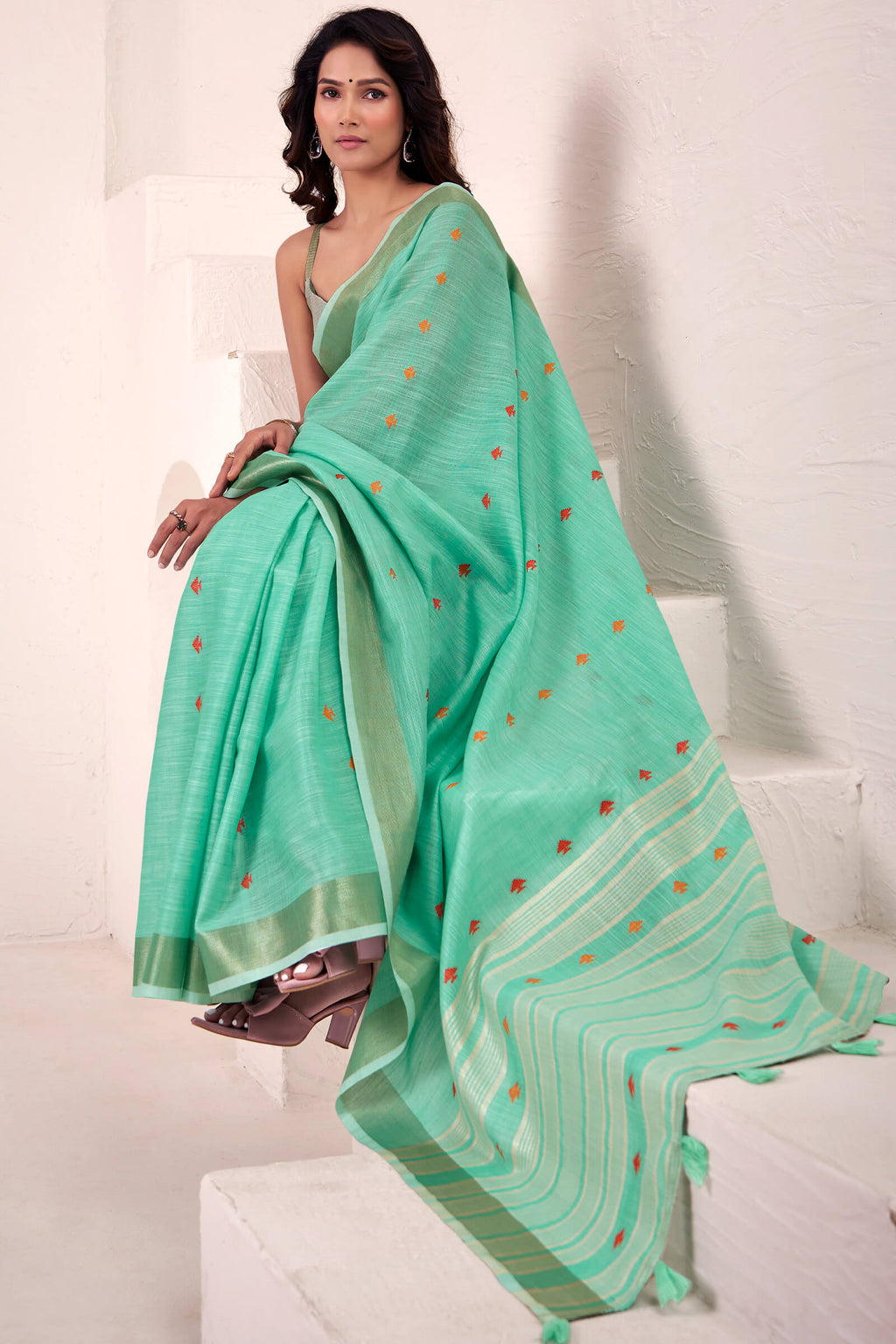 Light Sea Green Linen Cotton Silk Saree
