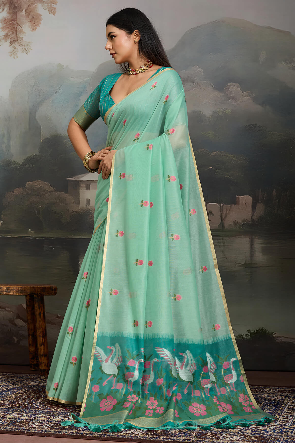 Light Turquoise Handloom Spun Cotton Saree