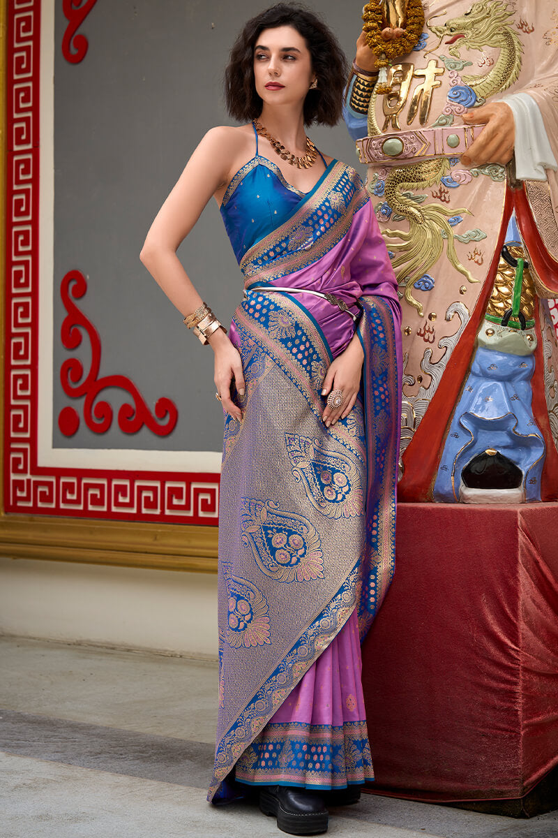 Lilac Lavender Zari Woven Soft Banarasi Silk Saree